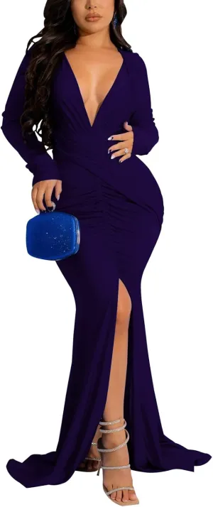HugeNice Colorful Maxi Dresses for Women Sexy Long Sleeve Deep V Neck Bodycon Floor Length Dress