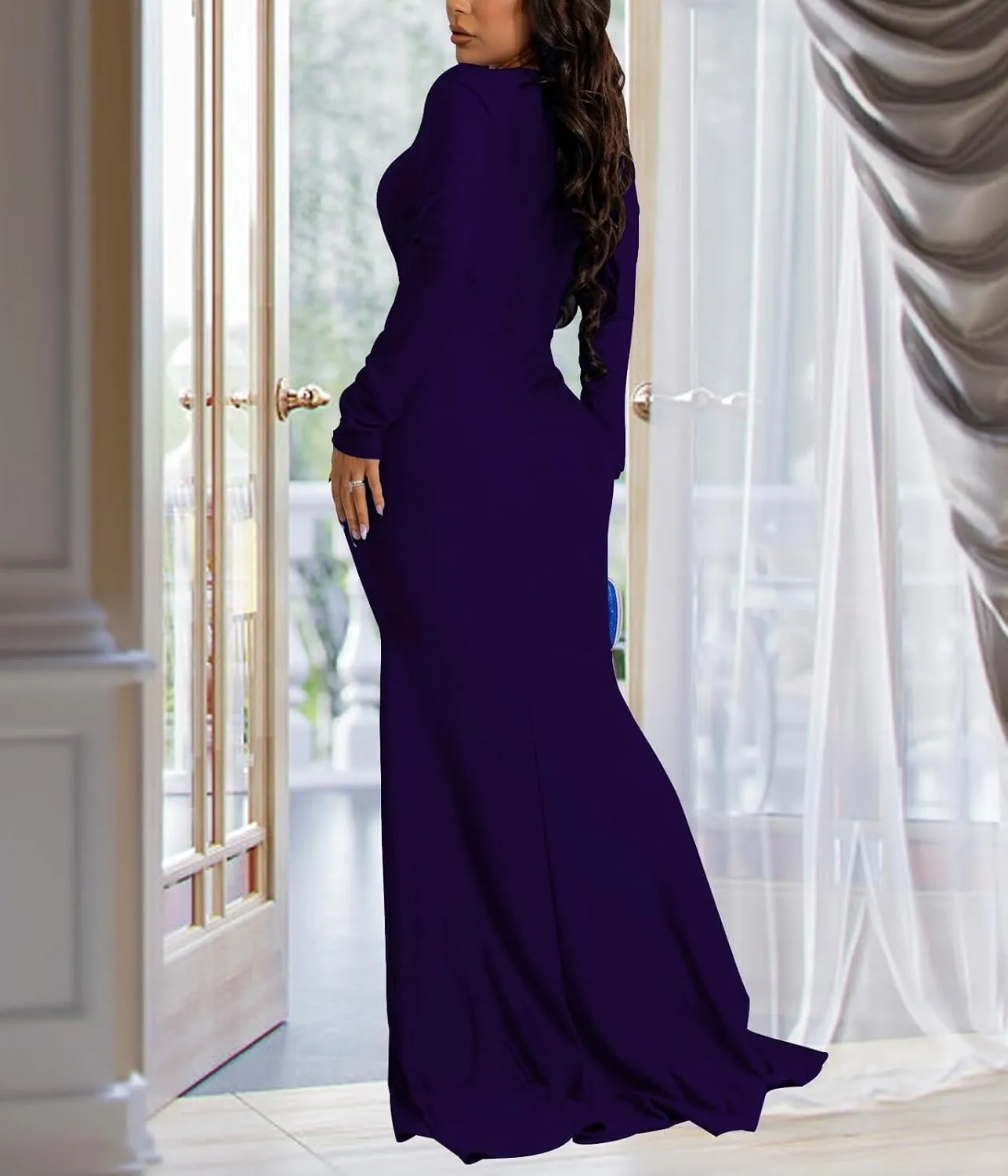 HugeNice Colorful Maxi Dresses for Women Sexy Long Sleeve Deep V Neck Bodycon Floor Length Dress