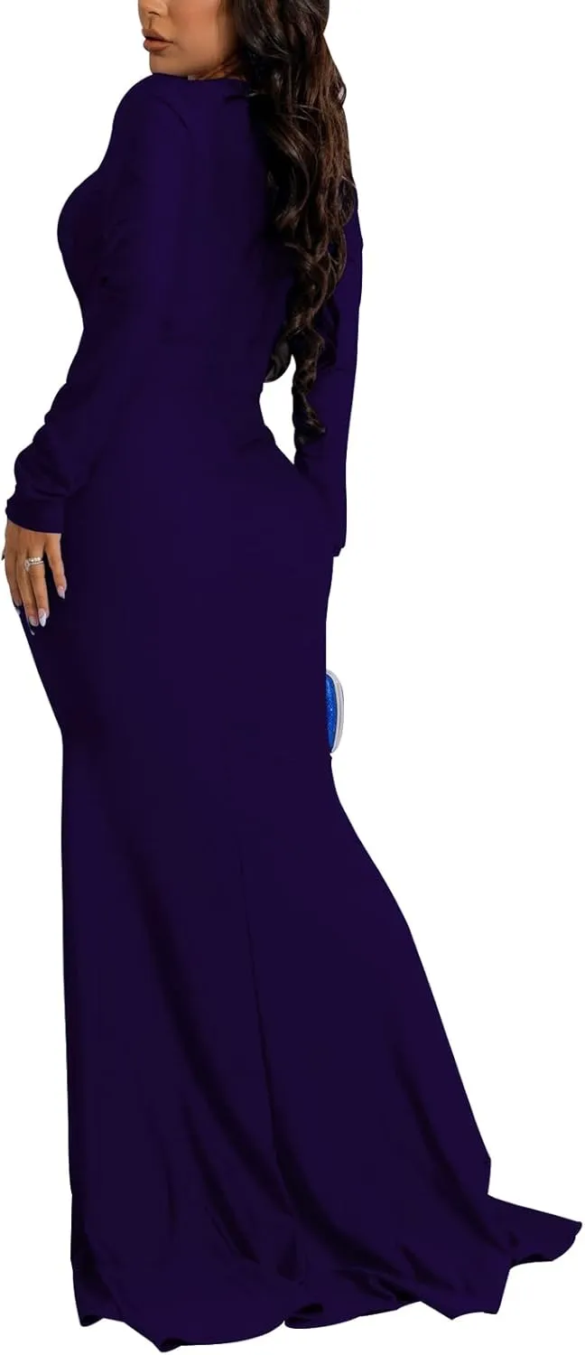 HugeNice Colorful Maxi Dresses for Women Sexy Long Sleeve Deep V Neck Bodycon Floor Length Dress