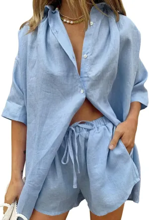 HUUSA Women's 2 Piece Tracksuit Outfits Casual Button Down Half Sleeve Shirts and Shorts Set Summer Sweatsuits Loungewear Set