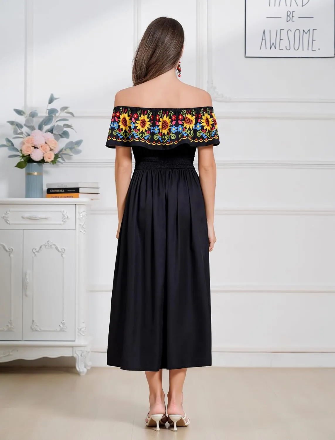 IDOPIP Mexican Dress for Women Off Shoulder Traditional Mexican Fiesta Dress Floral Sunflower Cinco De Mayo Mexican Outfit