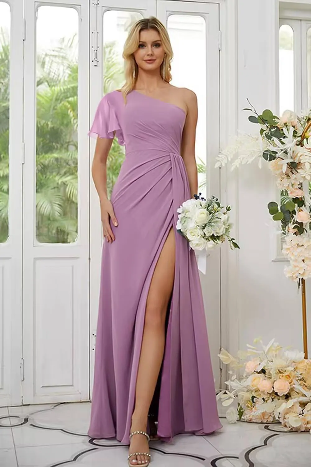 IKMNN One Shoulder Short Sleeve Bridesmaid Dresses for Women Chiffon A Line Formal Evening Gowns with Slit IK072