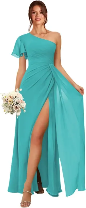 IKMNN One Shoulder Short Sleeve Bridesmaid Dresses for Women Chiffon A Line Formal Evening Gowns with Slit IK072