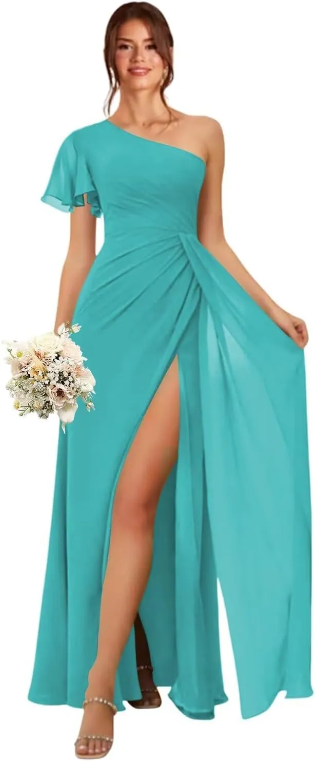 IKMNN One Shoulder Short Sleeve Bridesmaid Dresses for Women Chiffon A Line Formal Evening Gowns with Slit IK072