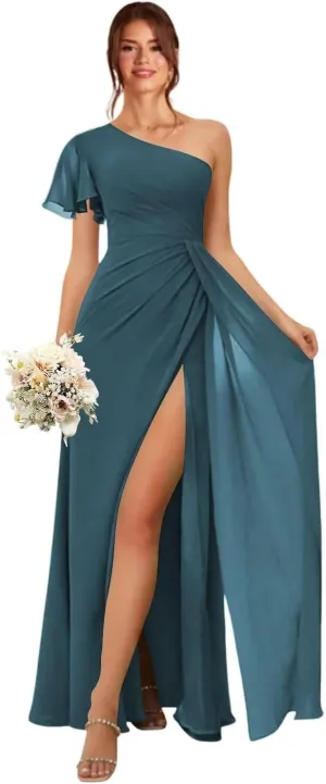 IKMNN One Shoulder Short Sleeve Bridesmaid Dresses for Women Chiffon A Line Formal Evening Gowns with Slit IK072