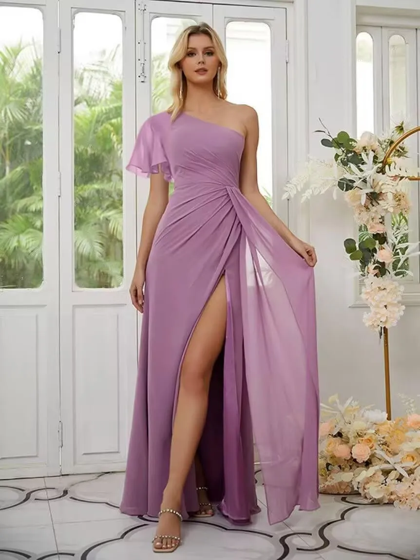 IKMNN One Shoulder Short Sleeve Bridesmaid Dresses for Women Chiffon A Line Formal Evening Gowns with Slit IK072