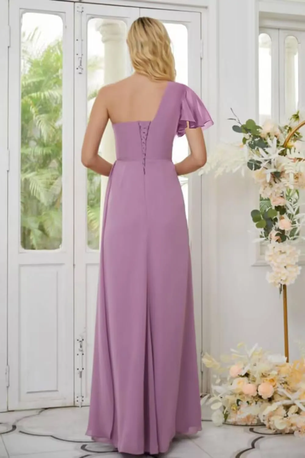 IKMNN One Shoulder Short Sleeve Bridesmaid Dresses for Women Chiffon A Line Formal Evening Gowns with Slit IK072