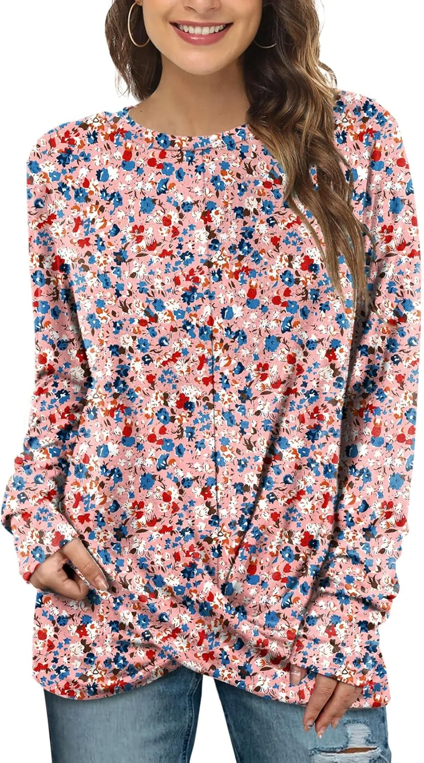 Jescakoo Tunic Tops For Leggings For Women Twist Front Long Sleeve Crew Neck Shirts