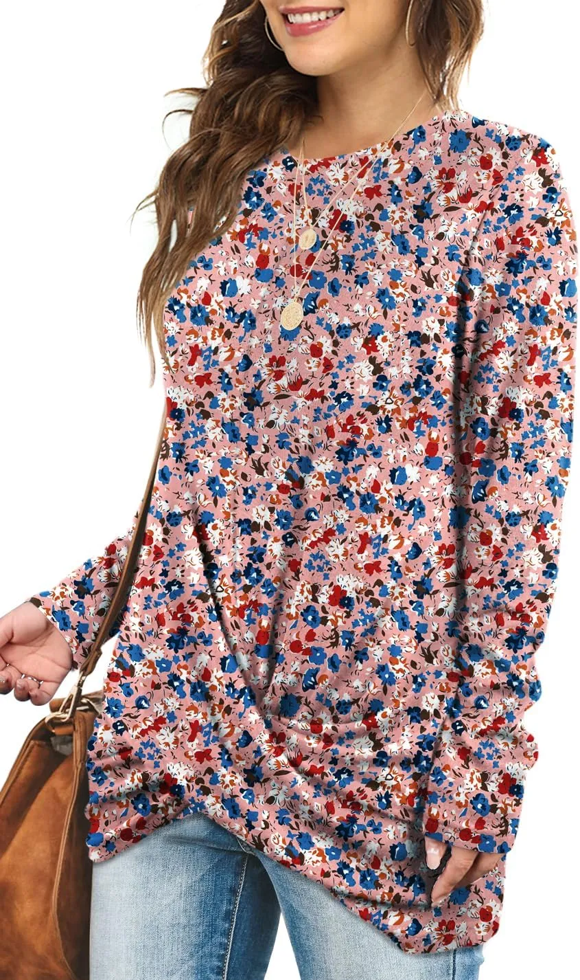 Jescakoo Tunic Tops For Leggings For Women Twist Front Long Sleeve Crew Neck Shirts