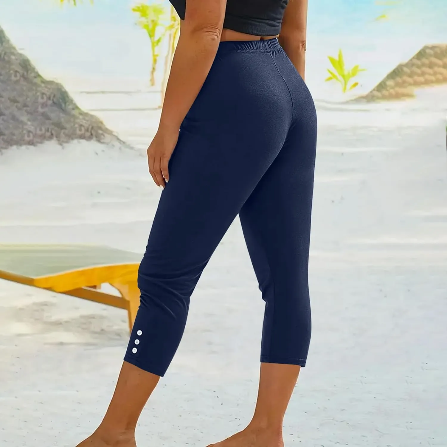 JIEMUXIU High Waisted Capri Leggings for Women - Casual Summer Button Capris Soft Slim Yoga Pants for Running Cycling Workout