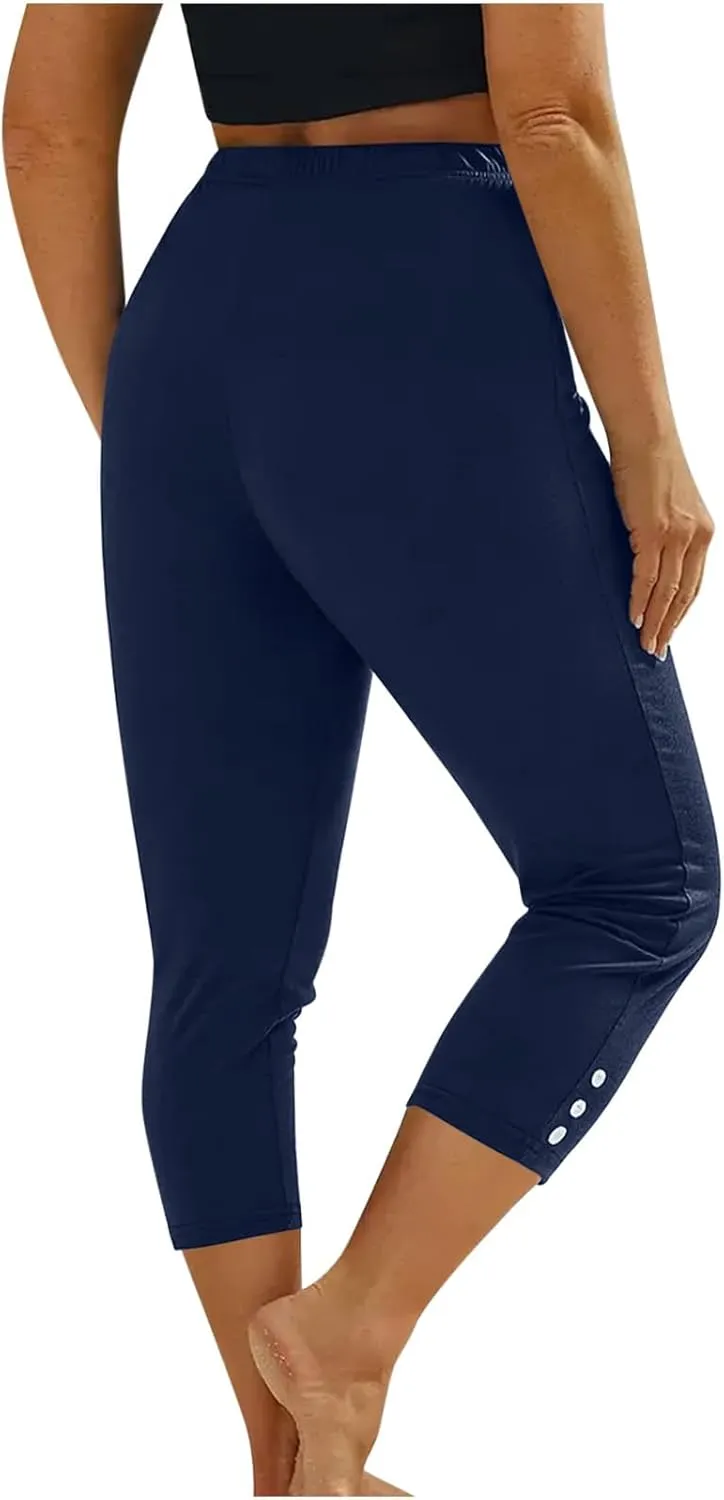 JIEMUXIU High Waisted Capri Leggings for Women - Casual Summer Button Capris Soft Slim Yoga Pants for Running Cycling Workout
