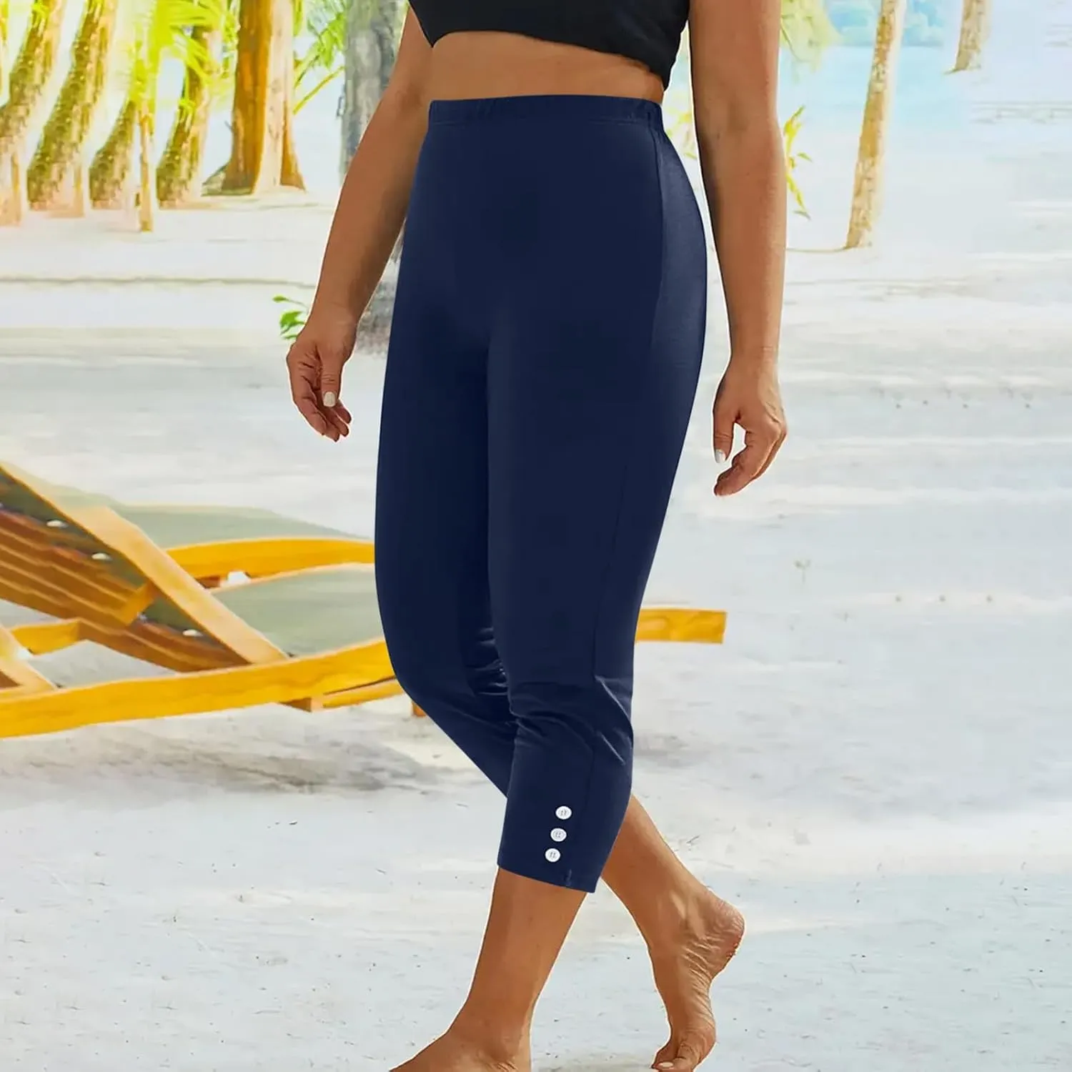 JIEMUXIU High Waisted Capri Leggings for Women - Casual Summer Button Capris Soft Slim Yoga Pants for Running Cycling Workout