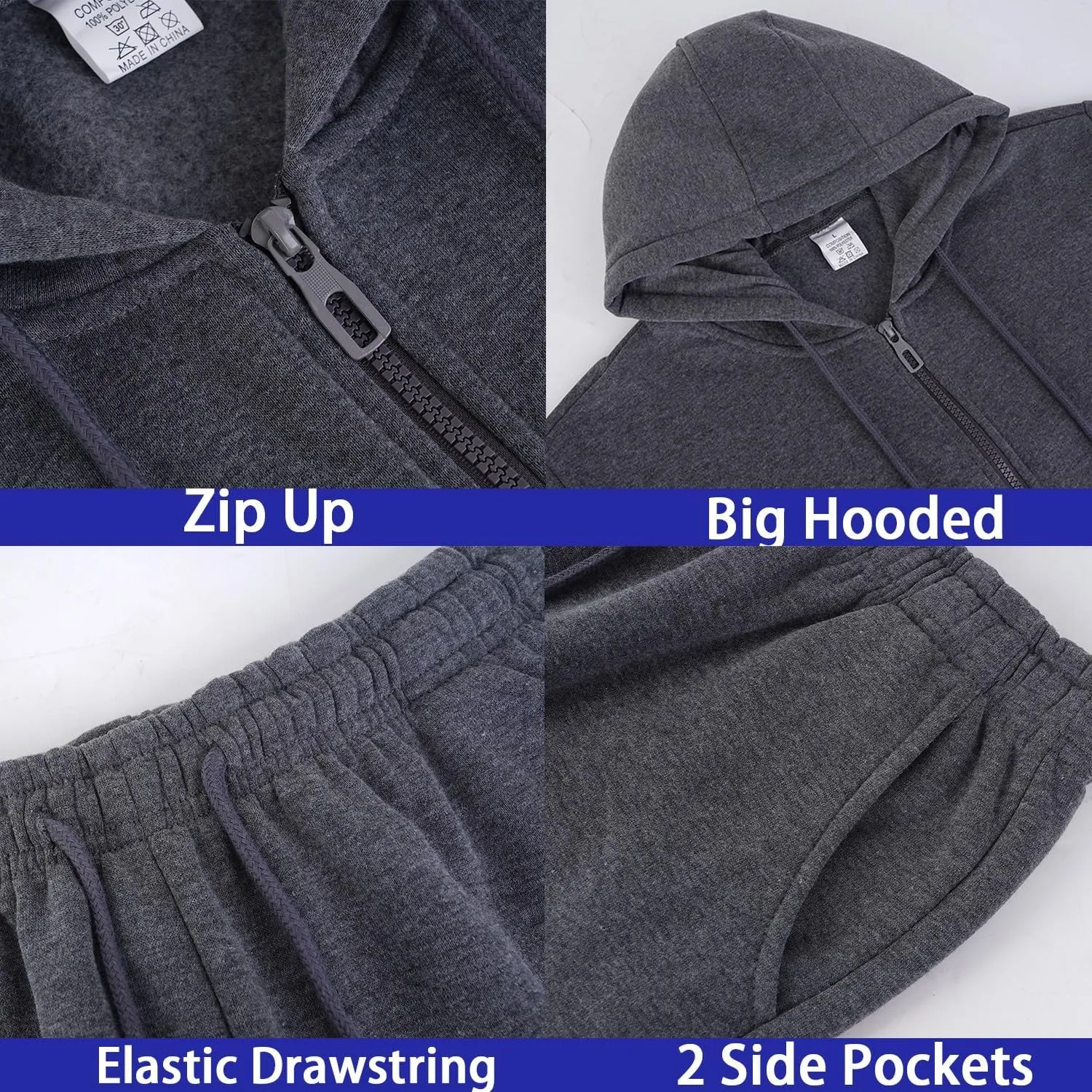 JIHUILAI Mens Tracksuit, Track Jackets and Pants 2 Piece Outfit Mens Hoodie Sweatsuit Full-Zip Fleece Jogger Set, S-3XL