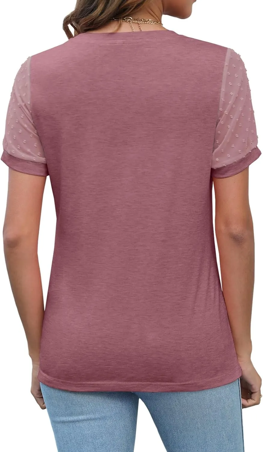 JomeDesign Summer Tops for Women Short Sleeve Crew Neck Pleated Shirts Swiss Dot Puff Sleeve Tshirts Loose Casual Blouses