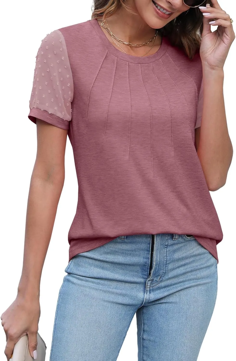JomeDesign Summer Tops for Women Short Sleeve Crew Neck Pleated Shirts Swiss Dot Puff Sleeve Tshirts Loose Casual Blouses