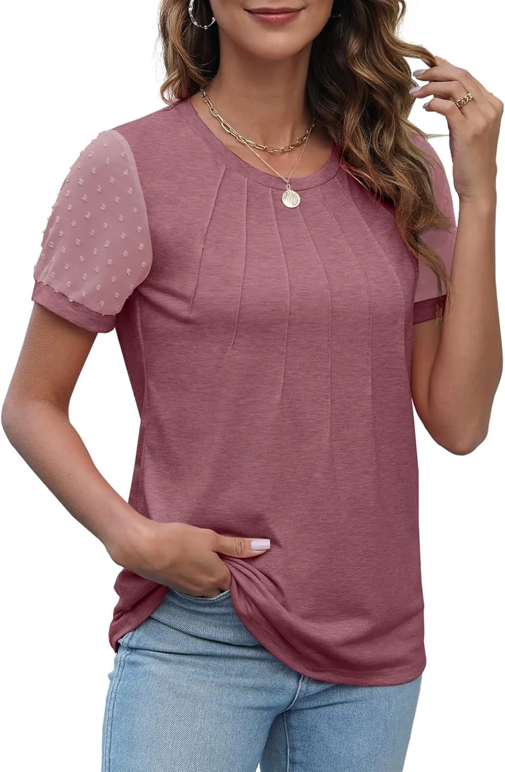 JomeDesign Summer Tops for Women Short Sleeve Crew Neck Pleated Shirts Swiss Dot Puff Sleeve Tshirts Loose Casual Blouses