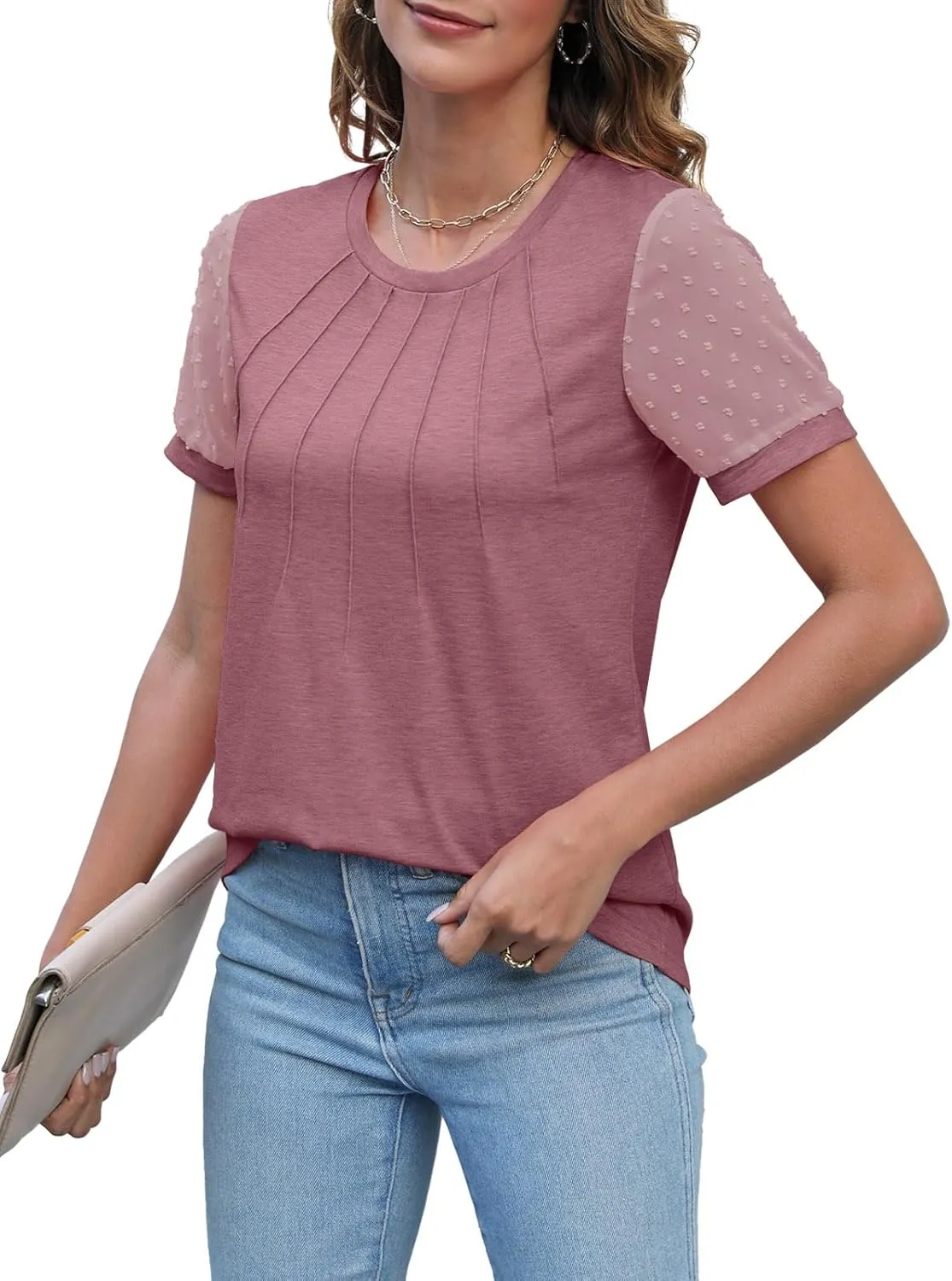 JomeDesign Summer Tops for Women Short Sleeve Crew Neck Pleated Shirts Swiss Dot Puff Sleeve Tshirts Loose Casual Blouses