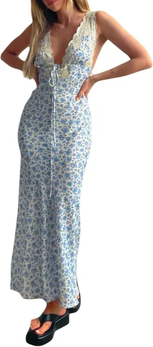Juakoso Women Y2K Floral Printed Long Dress V Neck Backless Maxi Dress Sleeveless Going Out Sundress Summer Beachwear