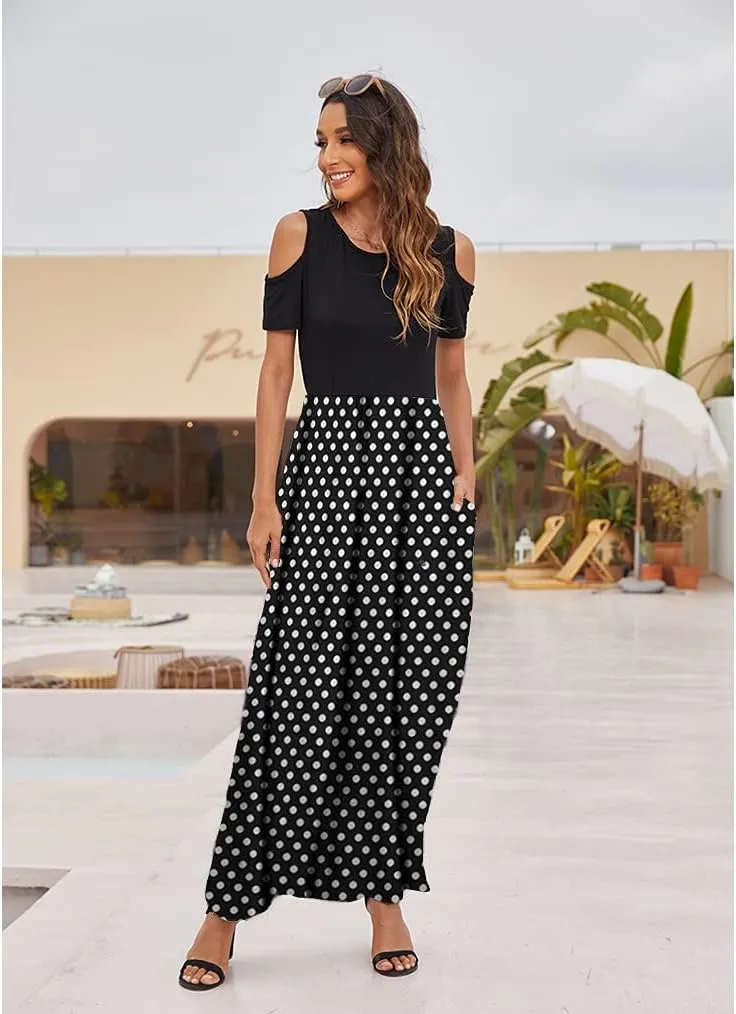 Kancystore Women's Short Sleeve Floral Maxi Dresses Cold Shoulder Dress with Pockets