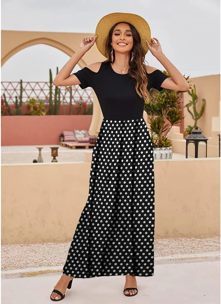 Kancystore Women's Short Sleeve Floral Maxi Dresses Cold Shoulder Dress with Pockets