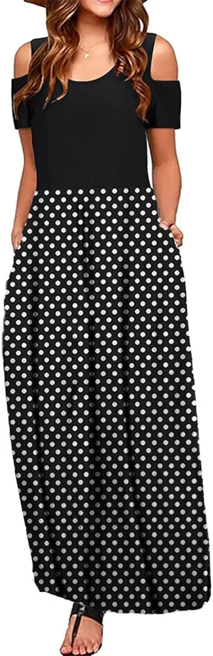 Kancystore Women's Short Sleeve Floral Maxi Dresses Cold Shoulder Dress with Pockets