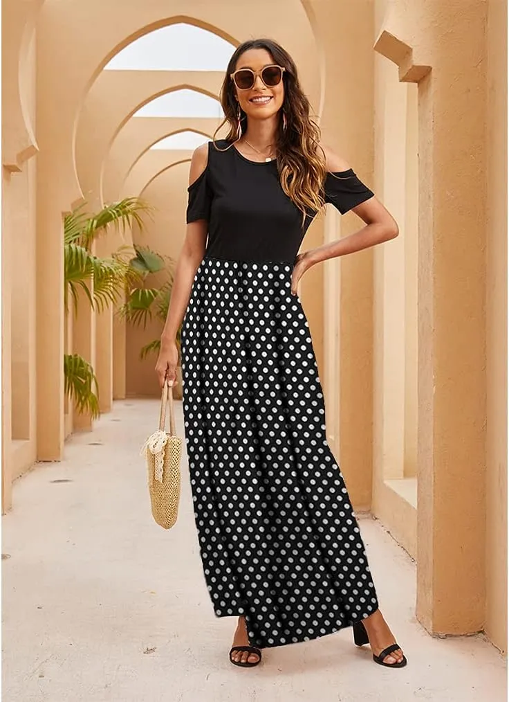 Kancystore Women's Short Sleeve Floral Maxi Dresses Cold Shoulder Dress with Pockets