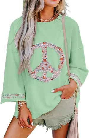 KevaMolly Womens Long Sleeve Tops Floral Peace Symbol Drop Shoulder Sweatshirt Crewneck Casual Pullover Top