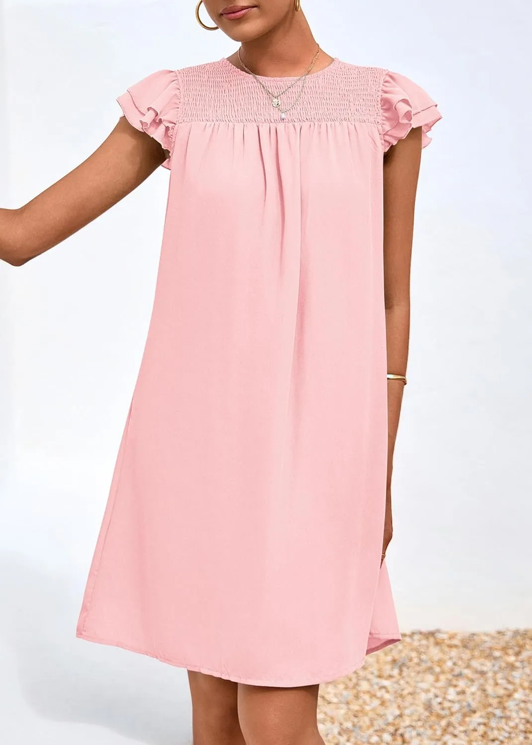 KIRUNDO Wedding Guest Shift Dresses for Women Short Spring Summer Ruffle Cap Sleeve Chiffon Babydoll Flowy Mini Sundress