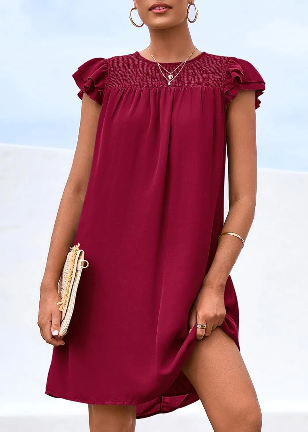 KIRUNDO Wedding Guest Shift Dresses for Women Short Spring Summer Ruffle Cap Sleeve Chiffon Babydoll Flowy Mini Sundress