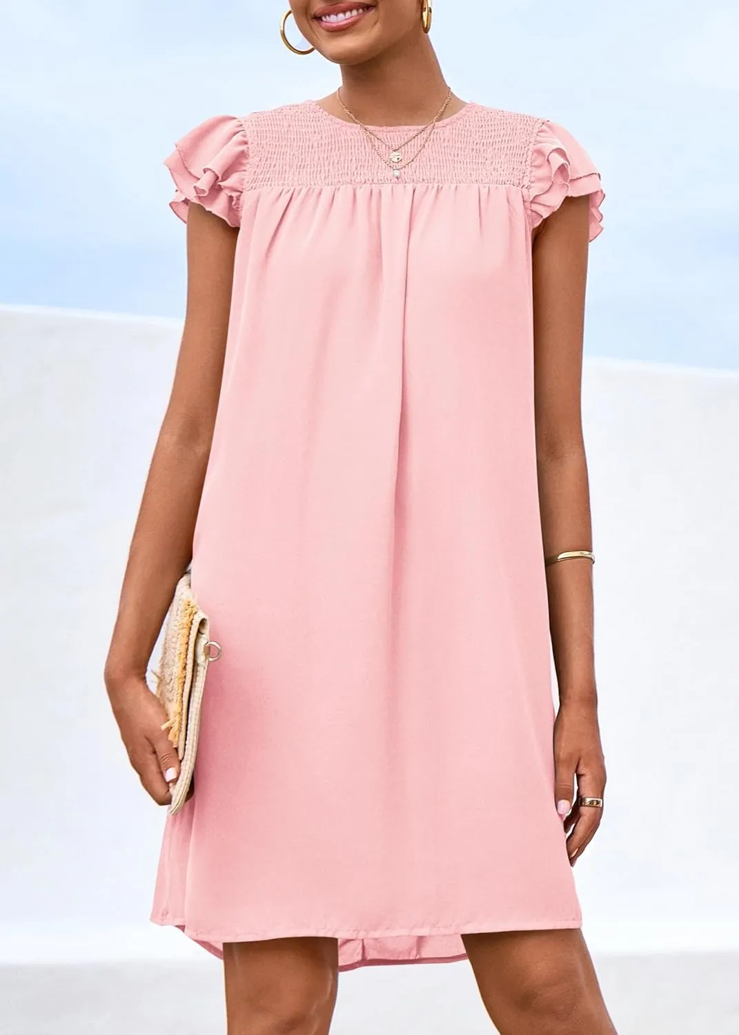 KIRUNDO Wedding Guest Shift Dresses for Women Short Spring Summer Ruffle Cap Sleeve Chiffon Babydoll Flowy Mini Sundress