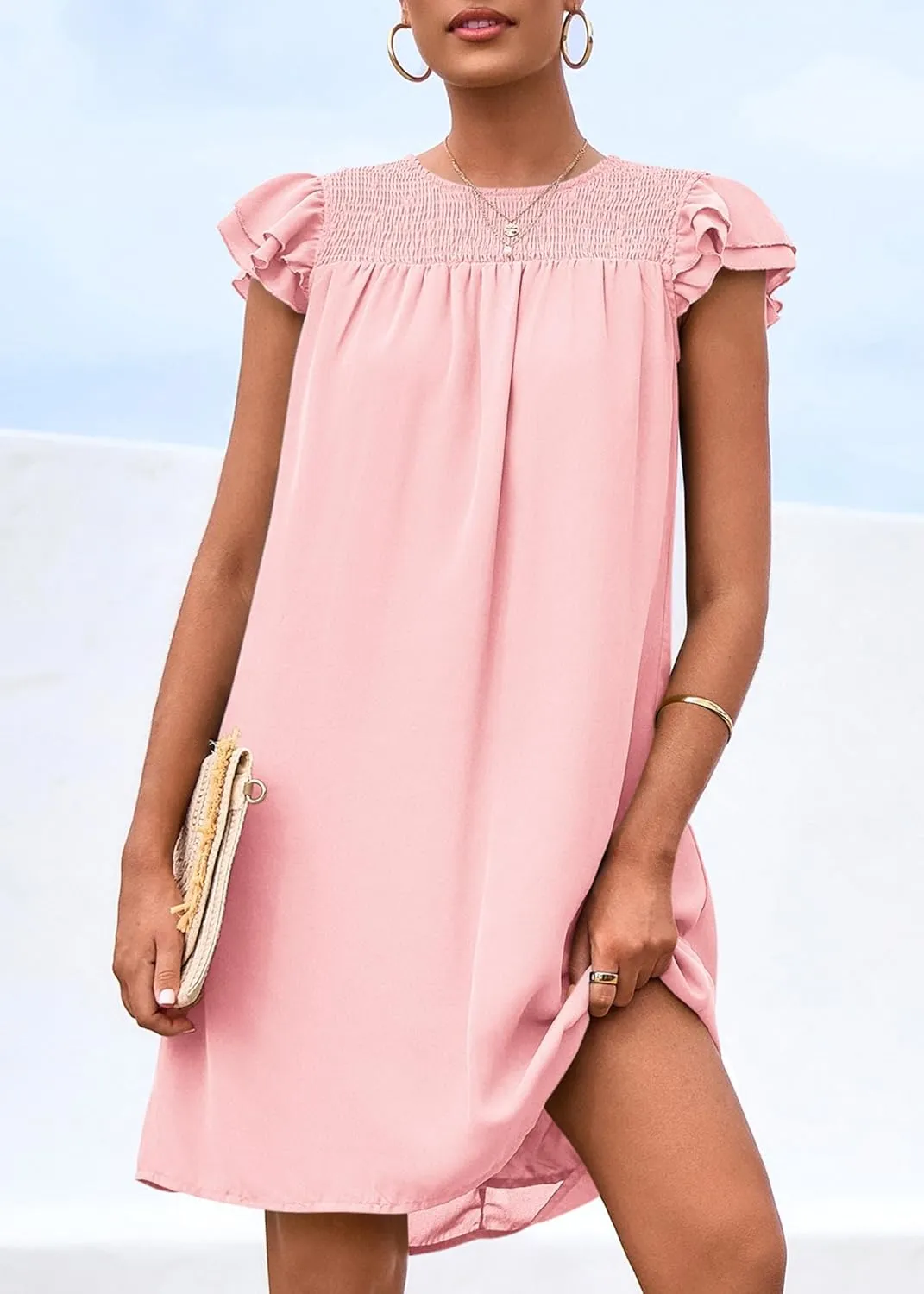 KIRUNDO Wedding Guest Shift Dresses for Women Short Spring Summer Ruffle Cap Sleeve Chiffon Babydoll Flowy Mini Sundress