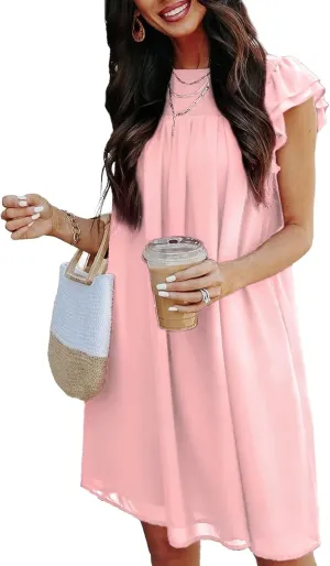 KIRUNDO Wedding Guest Shift Dresses for Women Short Spring Summer Ruffle Cap Sleeve Chiffon Babydoll Flowy Mini Sundress