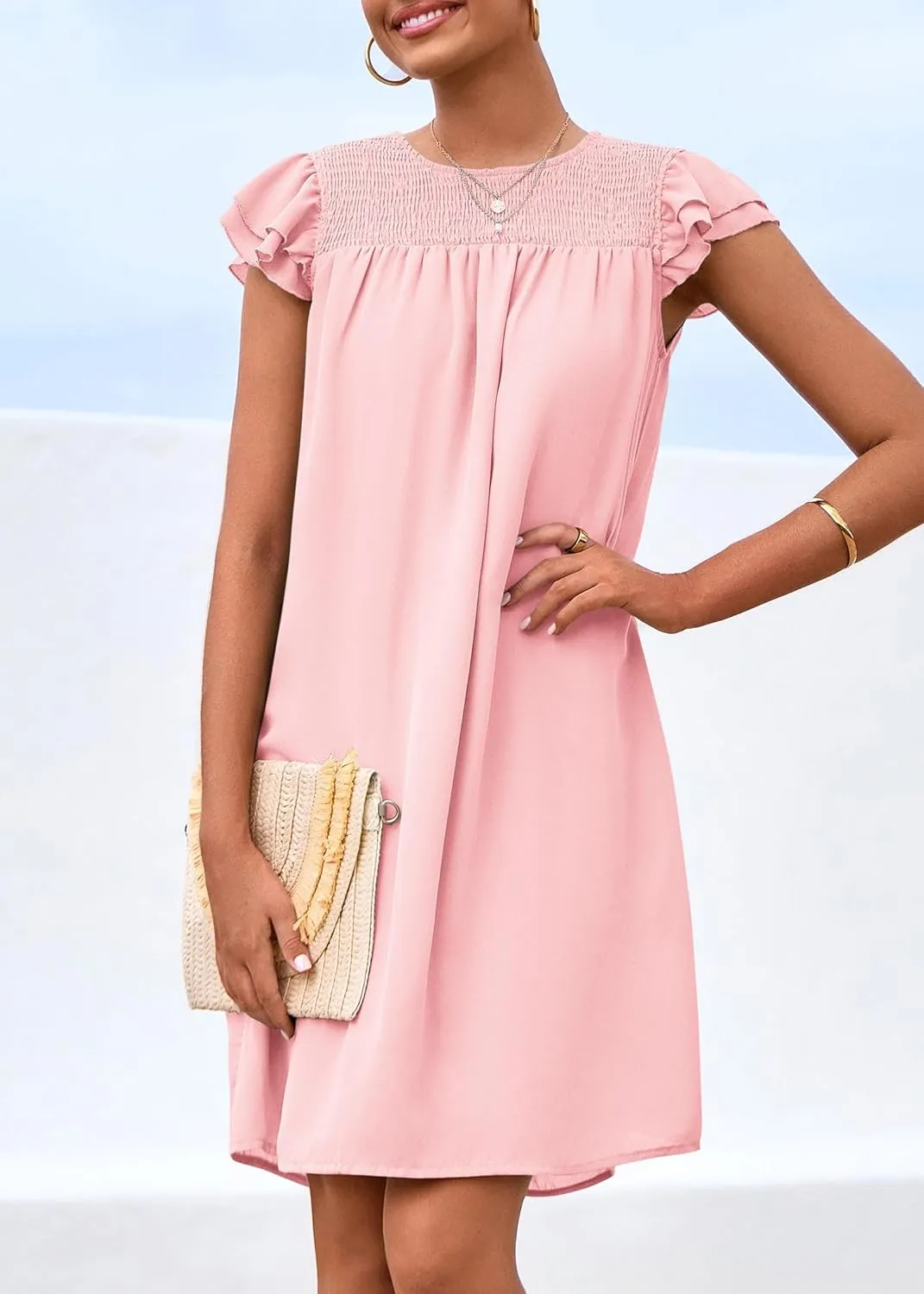 KIRUNDO Wedding Guest Shift Dresses for Women Short Spring Summer Ruffle Cap Sleeve Chiffon Babydoll Flowy Mini Sundress
