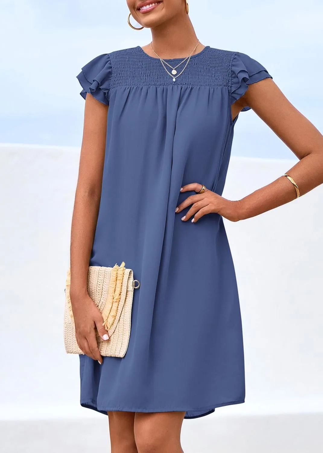 KIRUNDO Wedding Guest Shift Dresses for Women Short Spring Summer Ruffle Cap Sleeve Chiffon Babydoll Flowy Mini Sundress