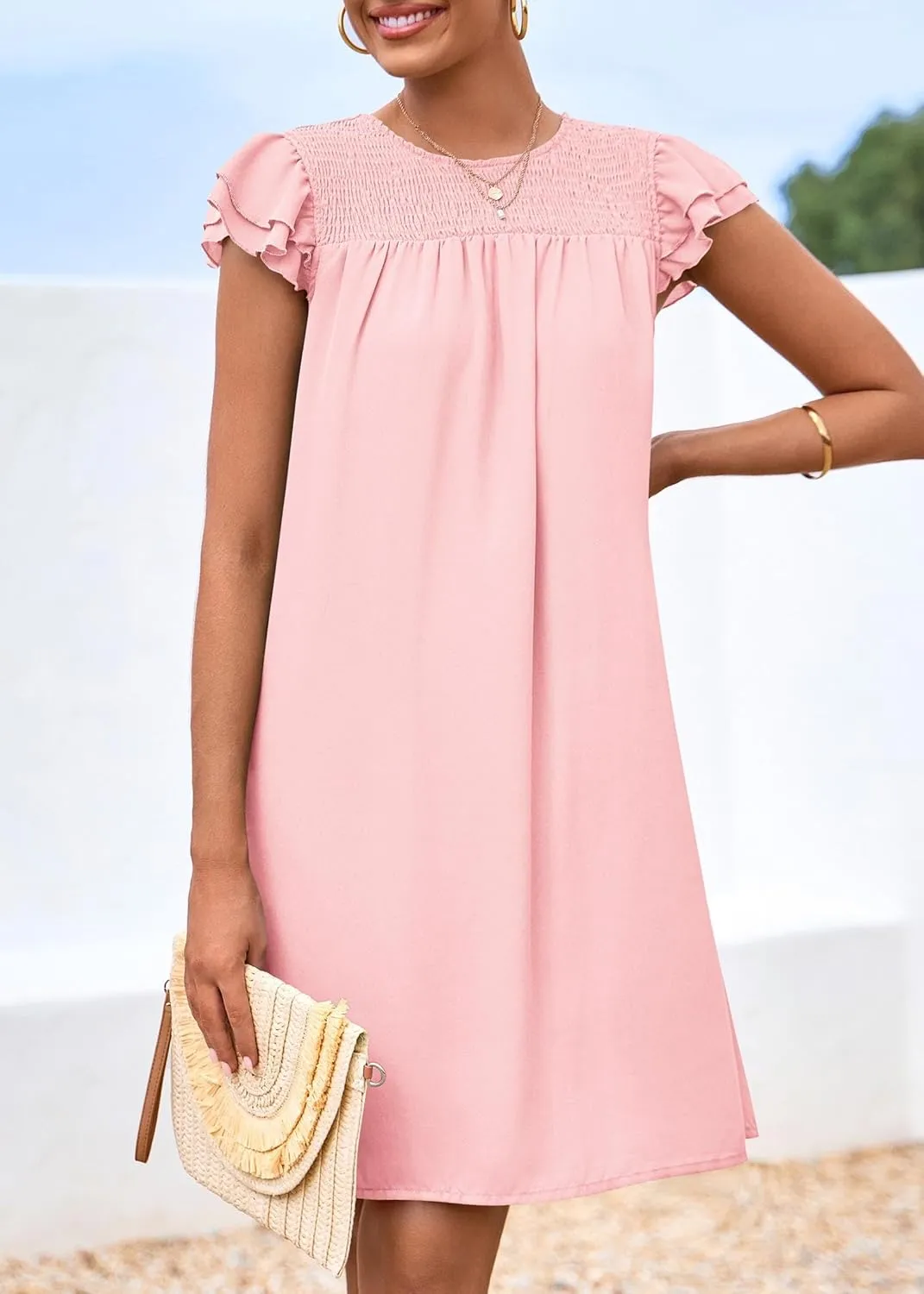 KIRUNDO Wedding Guest Shift Dresses for Women Short Spring Summer Ruffle Cap Sleeve Chiffon Babydoll Flowy Mini Sundress