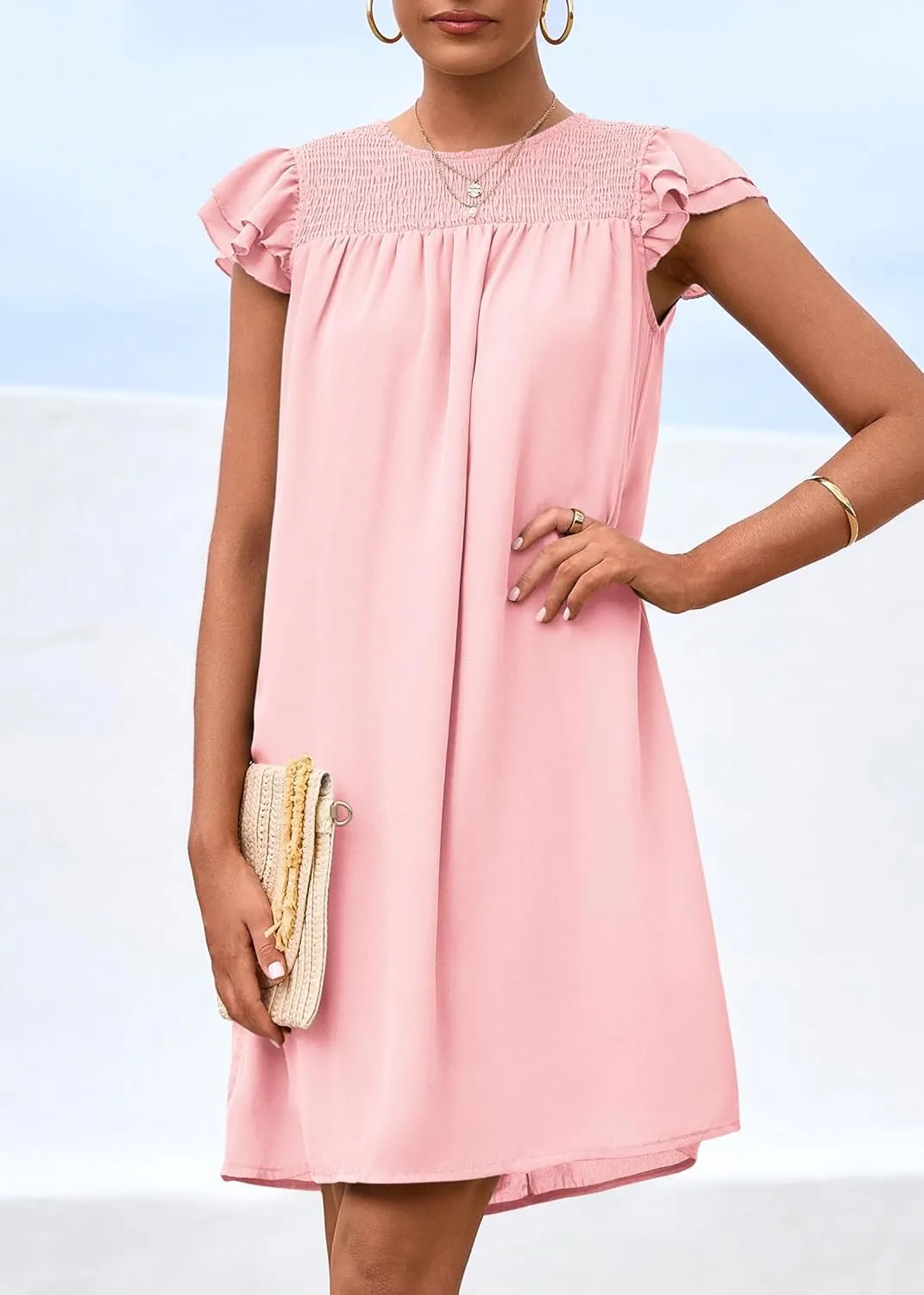 KIRUNDO Wedding Guest Shift Dresses for Women Short Spring Summer Ruffle Cap Sleeve Chiffon Babydoll Flowy Mini Sundress