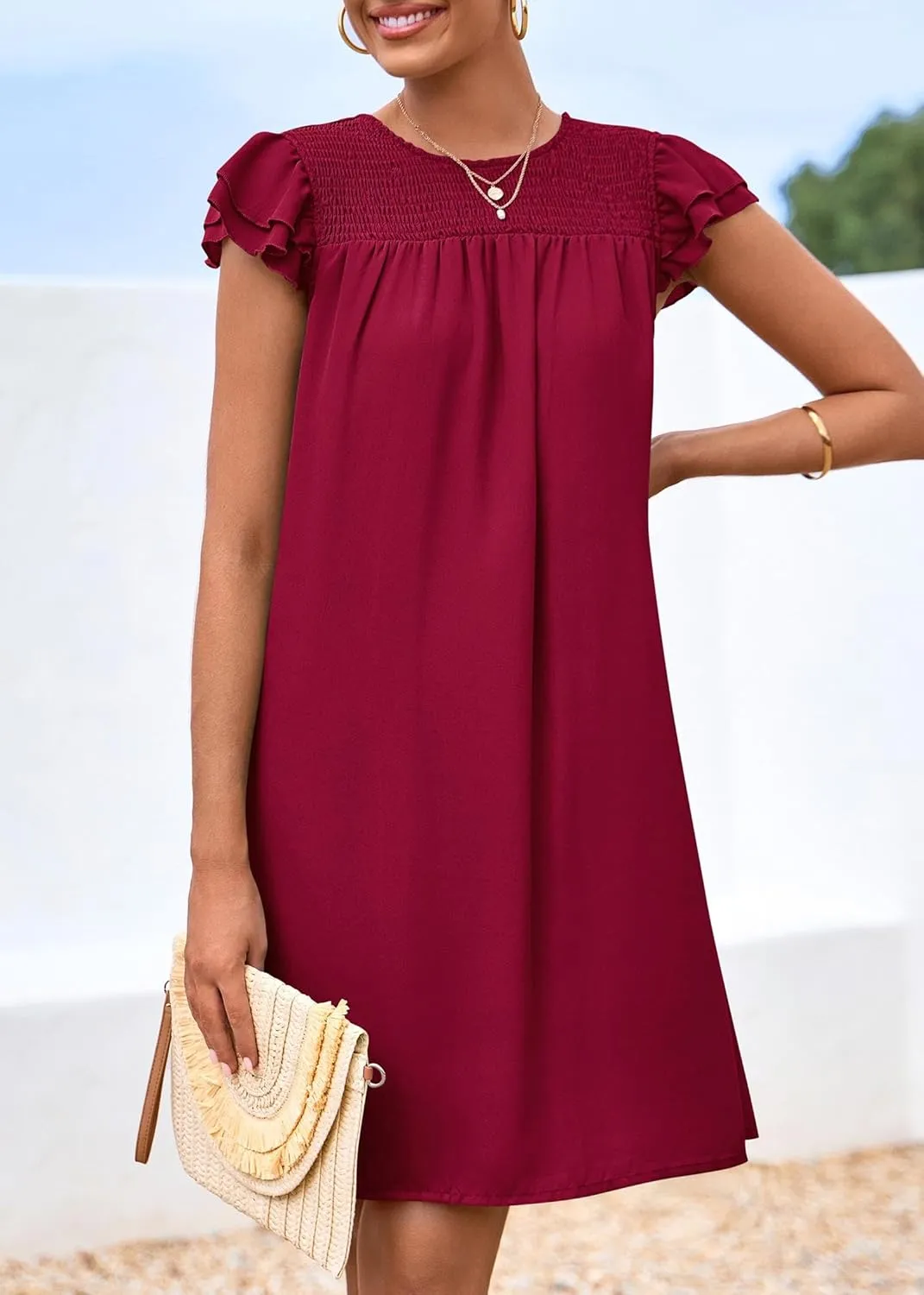 KIRUNDO Wedding Guest Shift Dresses for Women Short Spring Summer Ruffle Cap Sleeve Chiffon Babydoll Flowy Mini Sundress