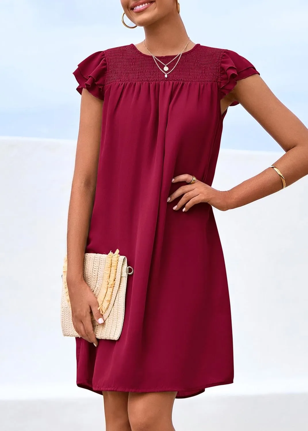 KIRUNDO Wedding Guest Shift Dresses for Women Short Spring Summer Ruffle Cap Sleeve Chiffon Babydoll Flowy Mini Sundress
