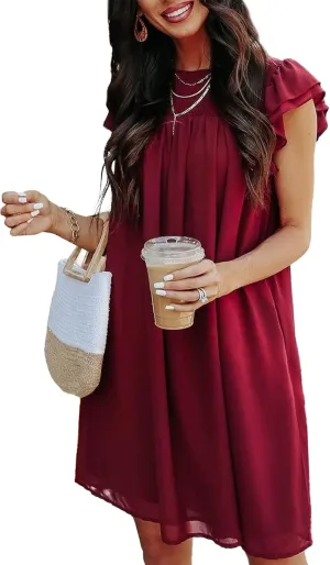 KIRUNDO Wedding Guest Shift Dresses for Women Short Spring Summer Ruffle Cap Sleeve Chiffon Babydoll Flowy Mini Sundress