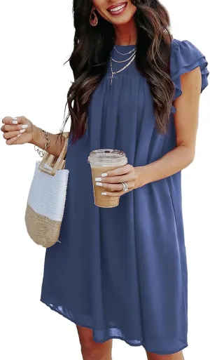 KIRUNDO Wedding Guest Shift Dresses for Women Short Spring Summer Ruffle Cap Sleeve Chiffon Babydoll Flowy Mini Sundress