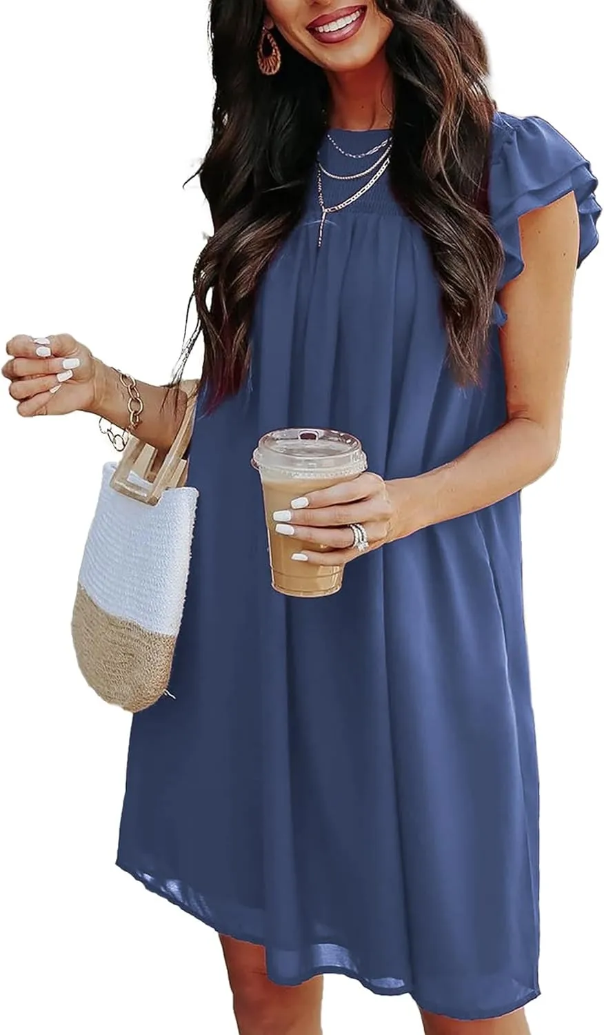 KIRUNDO Wedding Guest Shift Dresses for Women Short Spring Summer Ruffle Cap Sleeve Chiffon Babydoll Flowy Mini Sundress