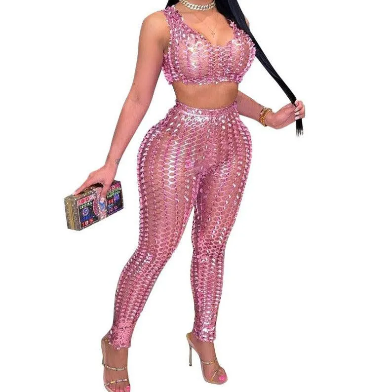 KittenAlarm - Mira Fishnet Sleeveless Crop Top & Skinny Pants Set