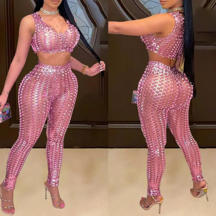 KittenAlarm - Mira Fishnet Sleeveless Crop Top & Skinny Pants Set
