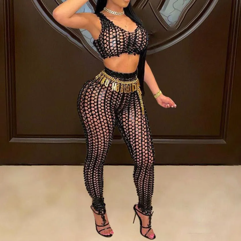 KittenAlarm - Mira Fishnet Sleeveless Crop Top & Skinny Pants Set