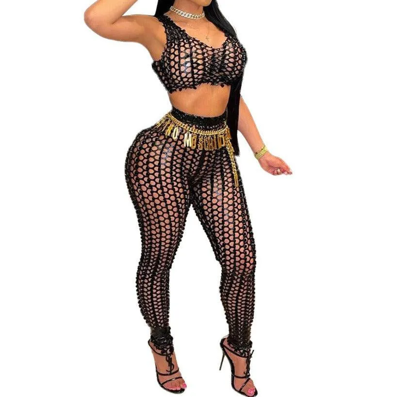 KittenAlarm - Mira Fishnet Sleeveless Crop Top & Skinny Pants Set