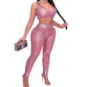 KittenAlarm - Mira Fishnet Sleeveless Crop Top & Skinny Pants Set