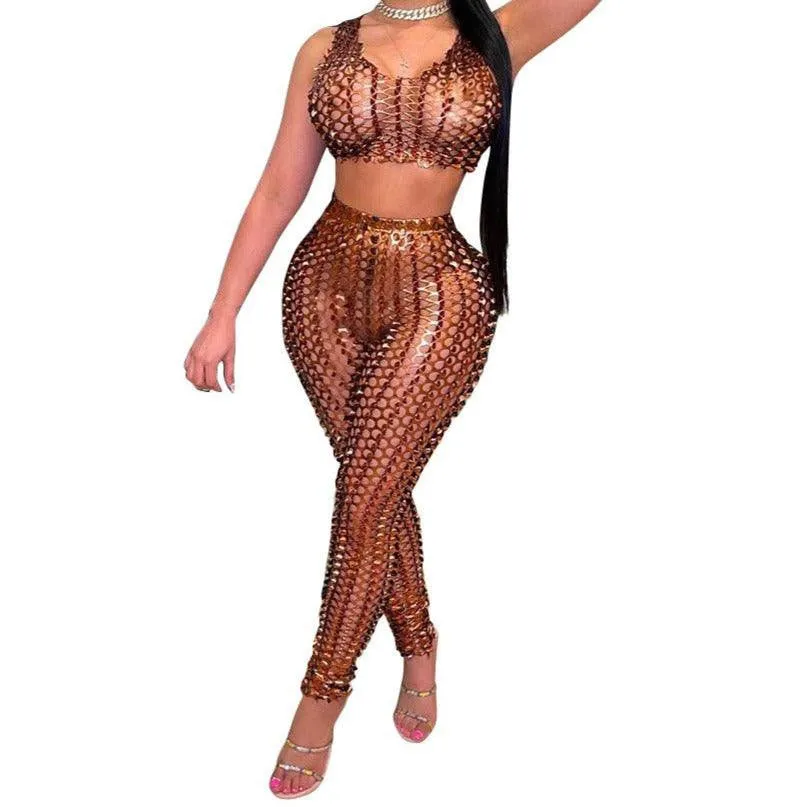 KittenAlarm - Mira Fishnet Sleeveless Crop Top & Skinny Pants Set