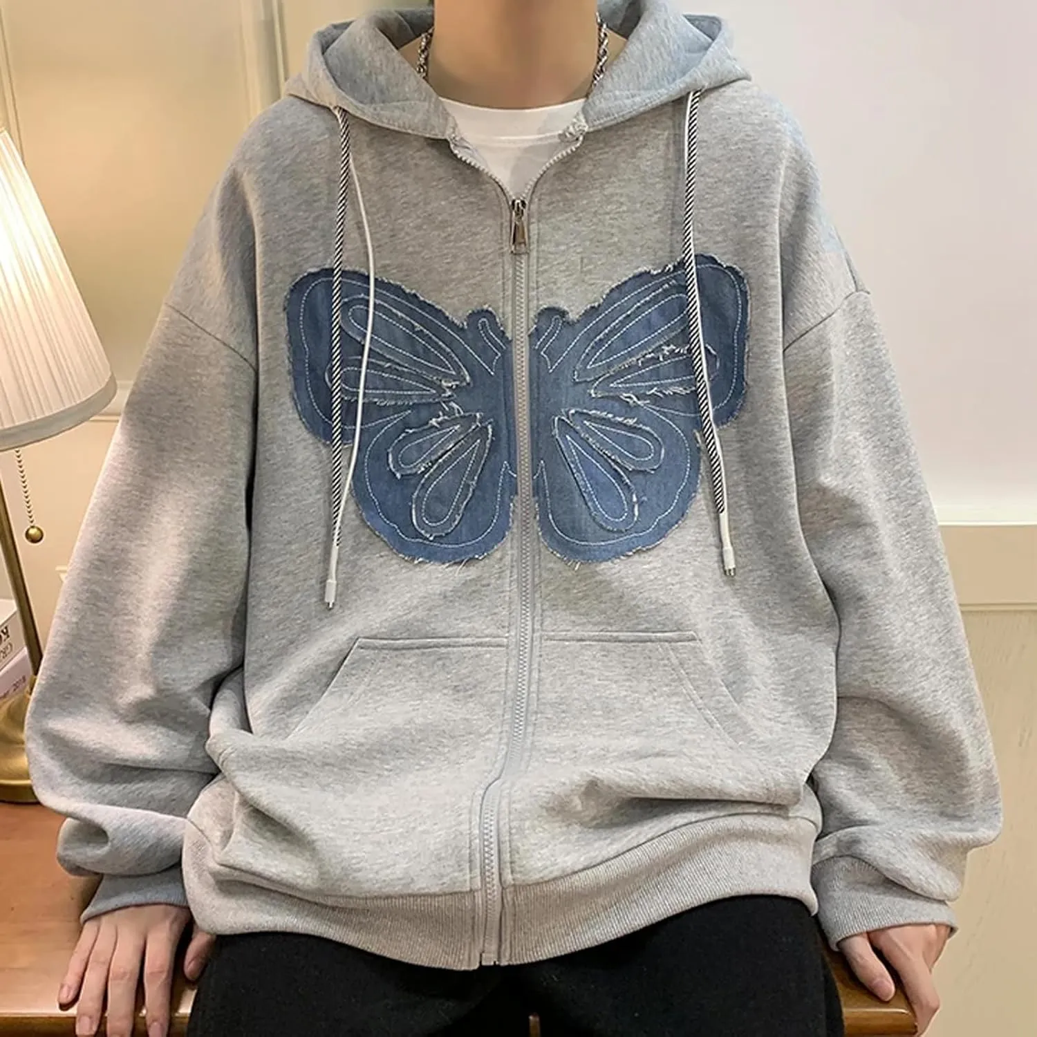 KMBANGI Women Y2K Zip Up Hoodies Butterfly Graphic Print Oversized Sweatshirt Grunge Aesthetic Casual Jacket