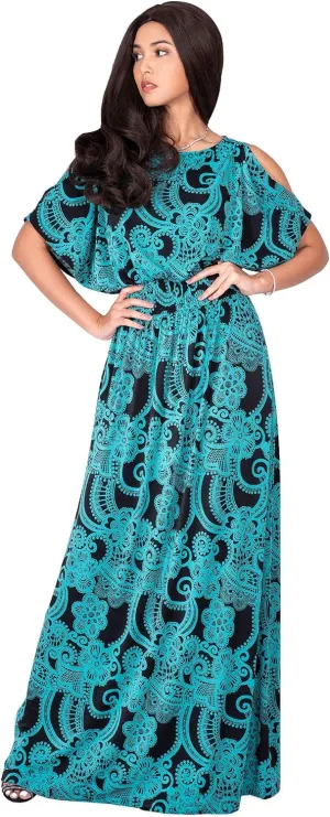 KOH KOH Womens Long Short Sleeve Printed Summer Sexy Casual Sundress Maxi Dress