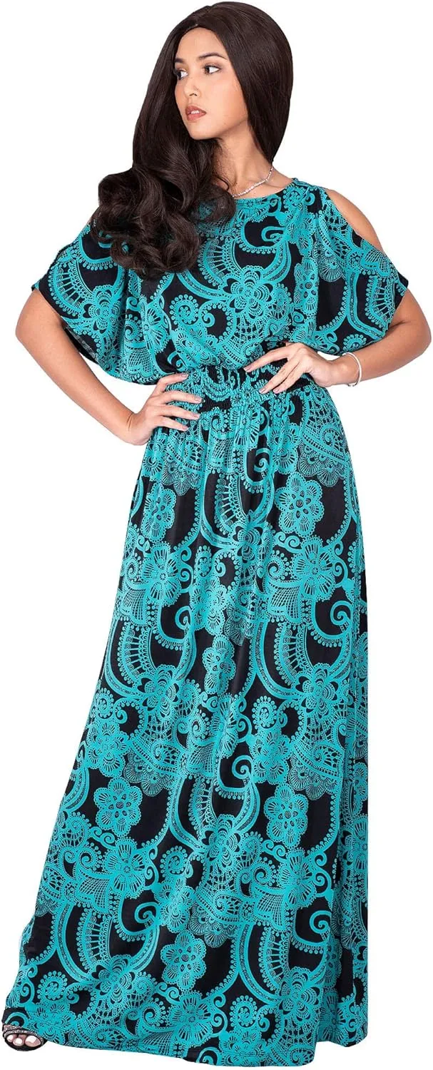KOH KOH Womens Long Short Sleeve Printed Summer Sexy Casual Sundress Maxi Dress